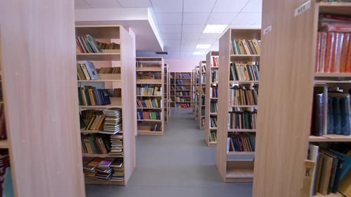 Bookshelf in public library. Functional library interior with wooden shelves