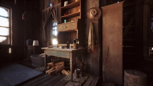 Rustic Cabin Interior with Sunlight Streaming Through Window