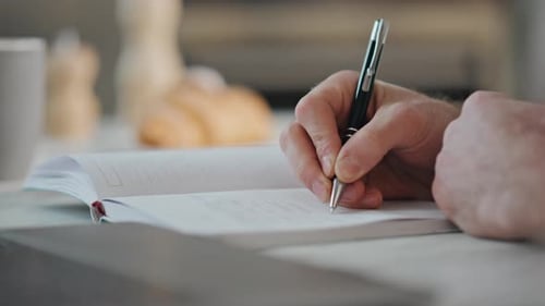 Man Hands Writing Notepad at Home Close Up Student Studying Noting Information