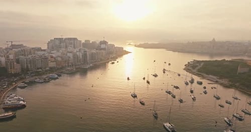 Aerial View of the Marina with Boats in Valletta Malta at Sunset