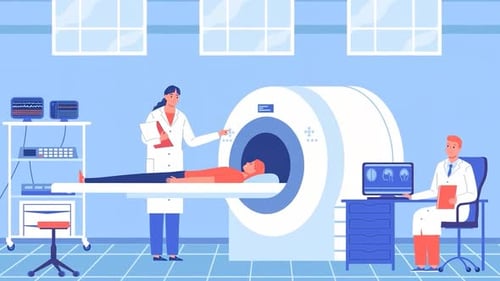 Patient Undergoing MRI Scan with Doctors in Hospital, HealthCare Medical Cartoon Animations
