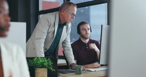 Call center, consulting and mentor with man in office for customer service