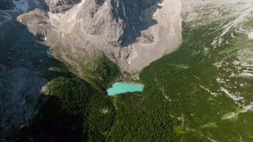Lago di Sorapis or Sorapis lake in Dolomites Italian Alps. Beautiful turquoise water alpine lake