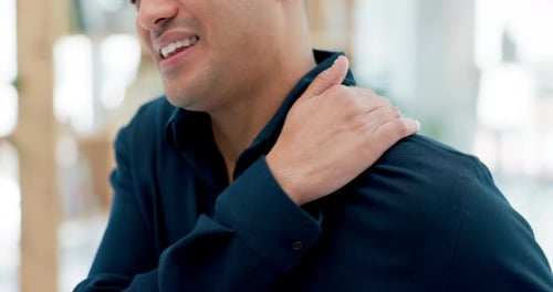 Shoulder pain, stress and business man in office with crisis, fail or accident