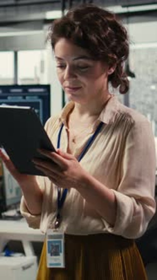 Vertical Video Female Office Administrator Using Digital Tools for KPI Analytics