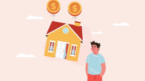 house flying with balloons, real estate crisis, rising house prices animation 4k