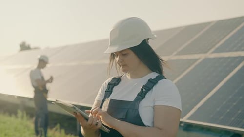A Young Engineer Checks the Operation of Solar Panels Using a Tablet