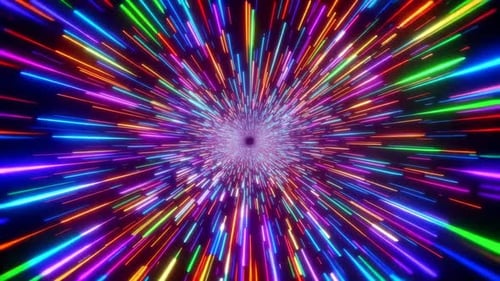 Des traînées de néon colorées se déplaçant dans un tunnel hyperspatial