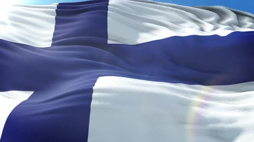 Realistic Waving Flag of Finland Against Blue Sky