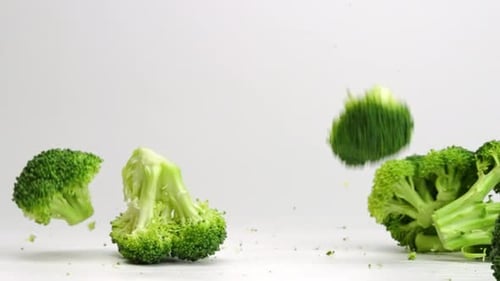 Brokkoli-Stücke fallen und springen in Zeitlupe auf weißen Studiokintergrund in 4k