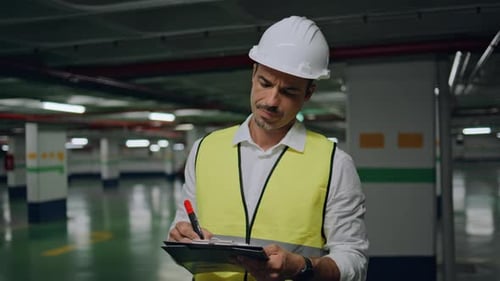 Uniform Man Putting Notes at Underground Space Closeup Serious Foreman Writing