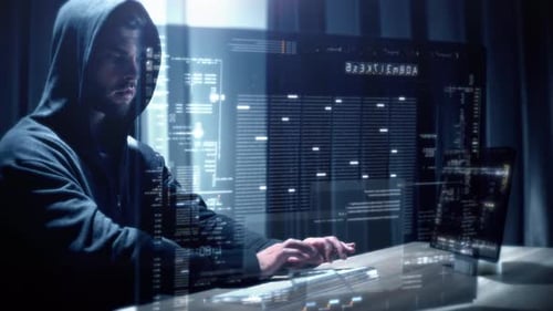 Hacker Coding with Digital Interface at Night