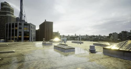 Rooftop View of a City Skyline Highlighting Urban Architecture and Reflections