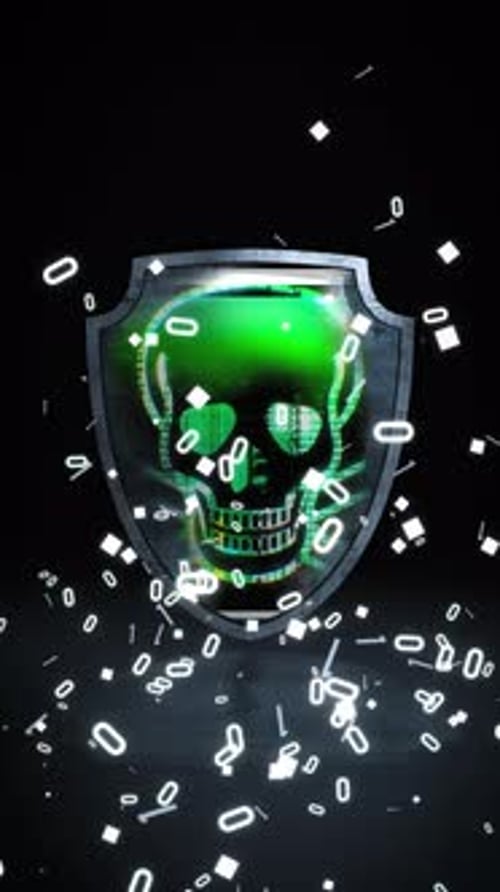 Vertical cybersecurity concept depicting a digital shield compromised by malicious code