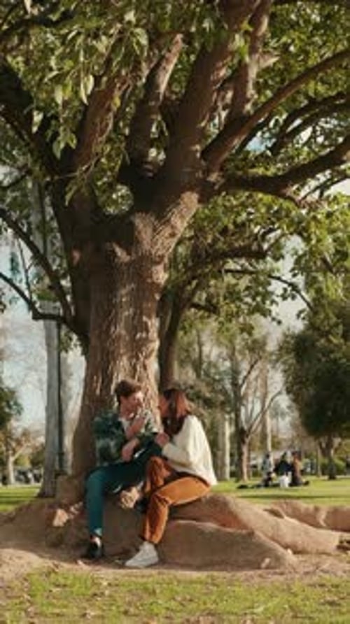 Happy young couple man and woman talking sitting in park under tree