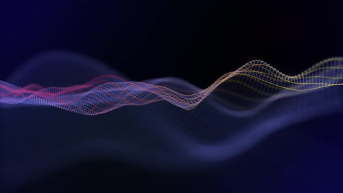 Seamless loop background with abstract waveform made of blue particles and orange yellow curvy lines