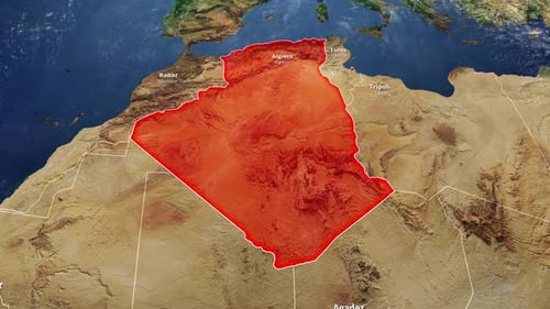 World Map Zoom to Algeria with Highlight and City Labels