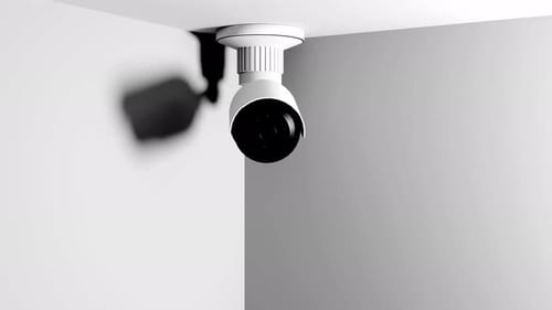 Câmera de CFTV instalada na parede em uma sala branca. O escritório pode escanear a área para fins de vigilância