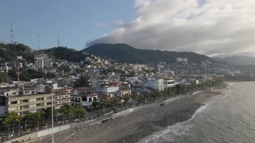 Drone Pushing out of town looking over the Malecon Boardwalk Vallarta in Puerto Vallarta, Jalisco, M