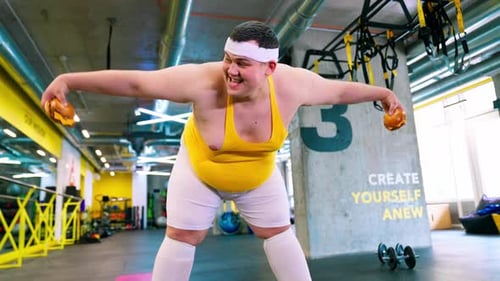 Man Working Out with Burgers in Fitness Center