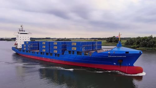 Vessel TAILWIND PANDA 002 Container Ship Sailing In The River. - aerial