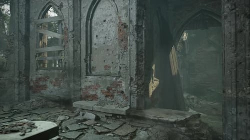 Ruins of an Ancient Monastery in a Forested Area at Dawn