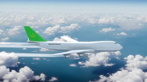 Commercial Airliner Passanger Plane Jumbo Jet Flying Over Clouds With Country Flag Mauritania