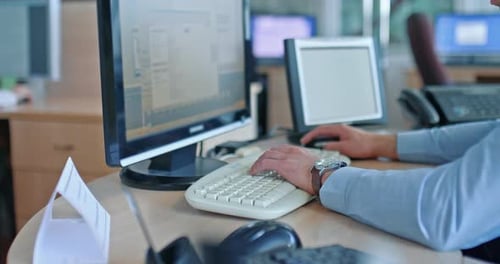 People Work in Open Space Office Closeup Hands of Man and Working Table with Computer Prores