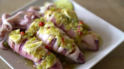 Grilled Squid Topped with Chili Garlic Sauce