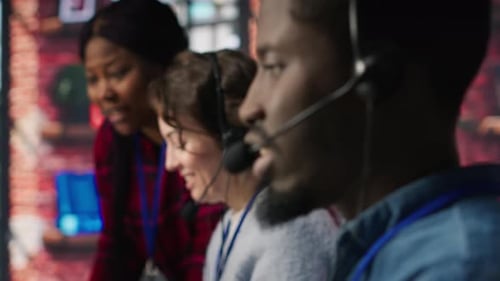 Account Management Team Coworkers in Office Bonding with Clients