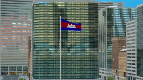 Cambodia Flag 3D Render Animation on Pole with Modern Business District Buildings – Daytime View