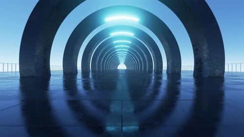 Looped 3D animation, seamless abstract blue room interior with blue glowing neon lamps, fluorescent