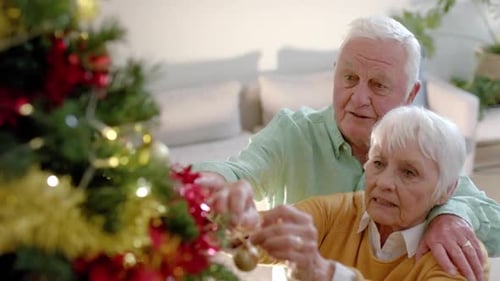Elderly Couple Decorates Christmas Tree with Affection