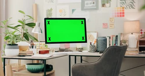 Office, desk and computer with green screen, mockup and desktop placeholder for website design