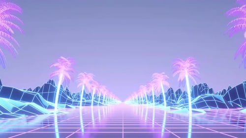 Camera Moves Along Synthwave Wireframe Net Palm Trees Around the Road Retrowave Landscape