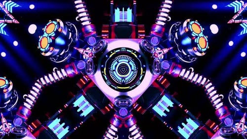 Abstract symmetrical neon light fractal art design digital visual vibrant purple blue energy technol