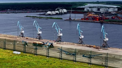 Harbor Cranes Lined Up at KS Terminal in the Port of Riga, Latvia