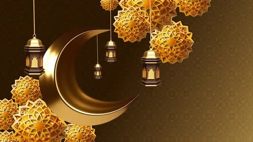 Golden Crescent Moon, Lanterns, and Islamic Patterns for Ramadan Eid