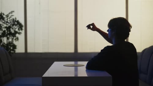 Man at the Fast Food Bistro Bar Using Virtual Reality Menu Picking Food Modern Technology Concept