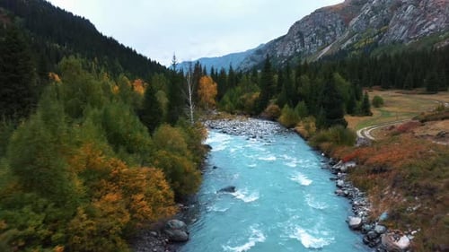 Aerial view of river surrounded with green trees and mountains