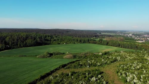 Crane shot of meadow in pomeranian district in Poland.