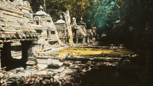 Ancient Temple Yard Basking in Clear Bright Sunlight Revealing Detailed Carvings