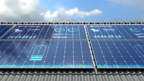 Auf dem Dach installierte Sonnenkollektoren mit digitalen Anzeigedaten, Konzept für grüne alternative Energien.