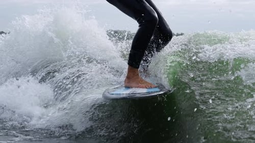 Wake Surfer Riding Wave in Wetsuit, Close Up