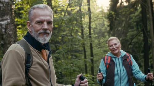 Portrait of Active Seniors Trekking Together in Green Forest
