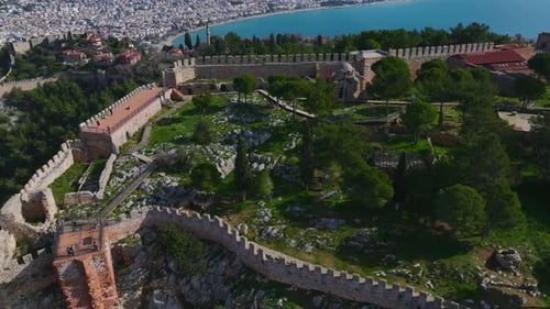 Aerial Video A Peaceful Morning at Alanya Fortress with Calm Mediterranean Sea Views
