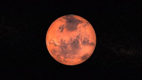 Animation of Mars planet seen from galaxy in space, Asteroids Cloud and cosmos, stars milky. 1170