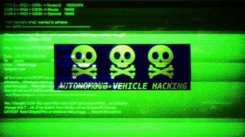 Autonomous Vehicle Hacking Warning on Retro Glitch Screen