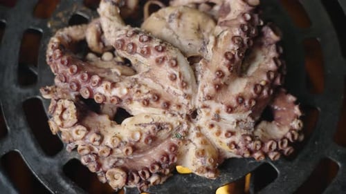 Cinematic top down rotating shot of an octopus being cooked over an open flame barbeque grill with f