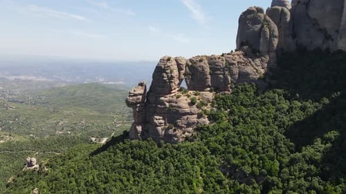 Aerial views of Montserrat peaks, a mountain range in Catalonia